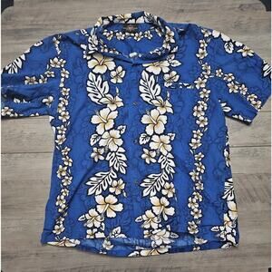 VINTAGE Royal Creations Men Button Up Shirt Large Blue Floral Hawaiian Collar XL